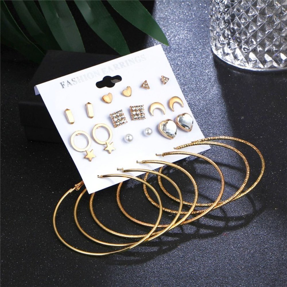 😍12 Pair 14k Gold Plated Geometric Crystal Stud Earring Set Mix for Women, F271